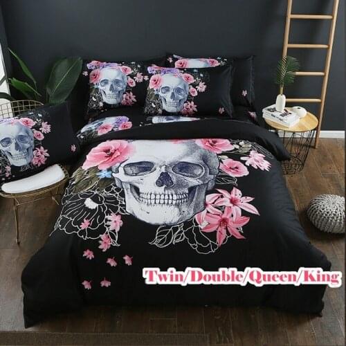 2Pcs/3Pcs Flower Skull Pattern Duvet Cover Sets with Pillowcases Breathable Bedding Set Twin Double Queen King Size Home Textile