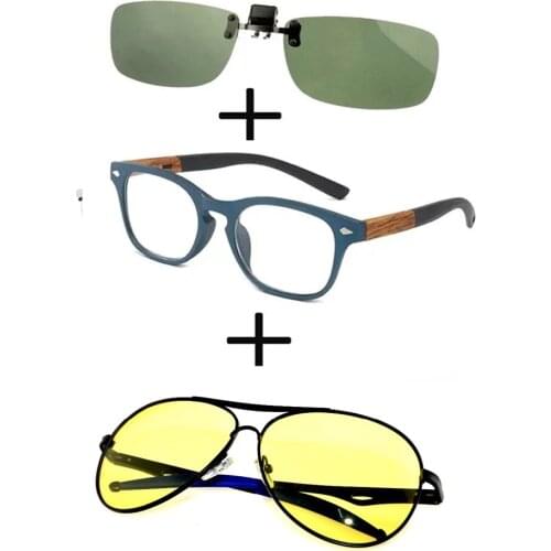 3Pcs!!! Comfortable Wood Squared Reading Glasses for Men Women + Yellow Lenses Sunglasses Night View Pilot + Sunglasses Clip