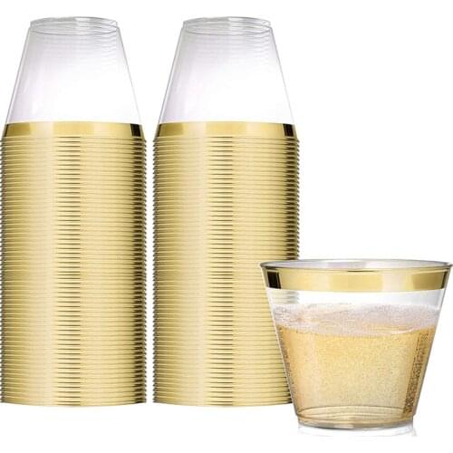 50pack Gold Plastic Cups - 9 Oz Disposable Gold Rimmed Plastic Tumblers For Party Holiday Wedding and Occasions