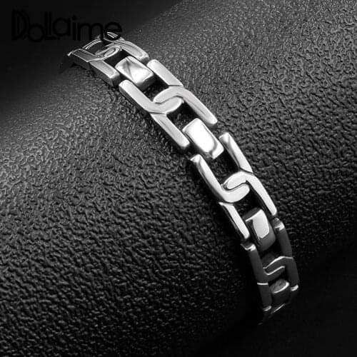 Dolaime Party New Style Trendy Unisex Stainless Steel Silver Color Polished chain shape hollow rectangular connection bracelet
