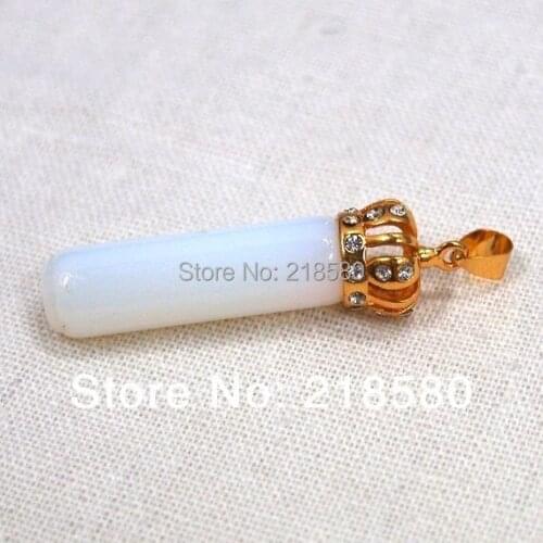 H-PP25 Healing Crystal Quartz Opal Cylinder Point Pendant with Gold Crown Cap and Bail