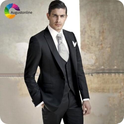 Italian Black Mens Classic Suits Peaked Lapel Groom Wear Groomsmen Suit 3Piece Jacket Pants Vest Slim Fit Ternos Costume Homme