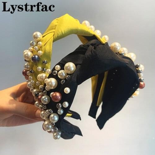 Lystrfac Fashion Retro Knot Pearl Hairband for Women Wild Wide Elegant Headband Ladies Hair Loop Female Hair Accessories