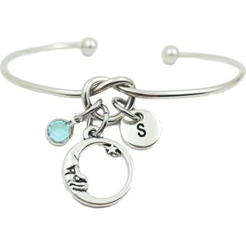 Moon Face Star Creative Initial Letter Monogram Birthstone Adjustable Bracelet Fashion Jewelry Women Gift Pendant