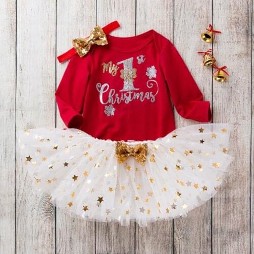 My First Christmas Newborn Baby Girls Clothes Fall Winter Cute Baby Christmas Clothes Set Red Romper Sequin Skirt Baby Outfits