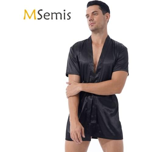 Mens See-Through Floral Lace Loungewear Satin Kimono Night-robe Nightwear Homewear Patchwork Back Lounge Sleepwear with Belt