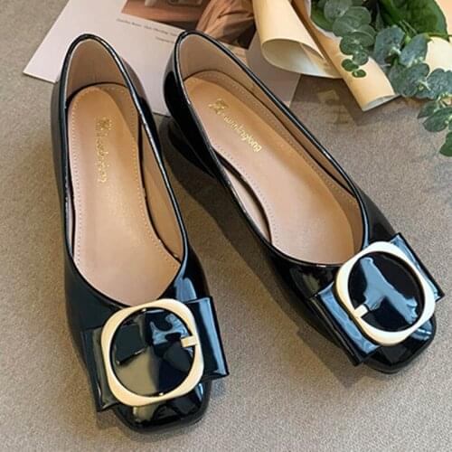 New Metal buckle patent leather flats women large size 36-45 moccasins ballerina square toe thick heels loafers women shoes 2020