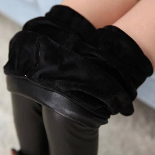 New Girl Pu Black Pants Girls Leggings Children Pants Girls Winter Children Warm Trousers Plus Velvet Kids Girls Child Pants