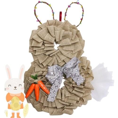 New Easter Grass Rabbit Ornament Decoration Pendant Wood Curl Easter Bunny Wreath with Fake Flowers Twigs - Hanging Spring Decor