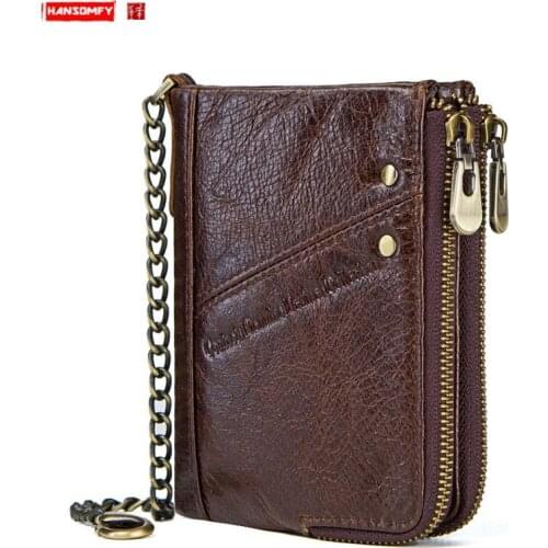 New Casual Genuine Leather Mens Wallet FRID Multifunctional Double Zipper Coin Purses