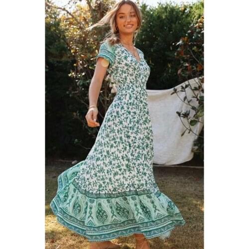 Floral Printed Hippie Maxi Dress Short Sleeve V Neck Vintage Vestidos Summer Pop Beach Boho Casual Clothes long Women Dresses