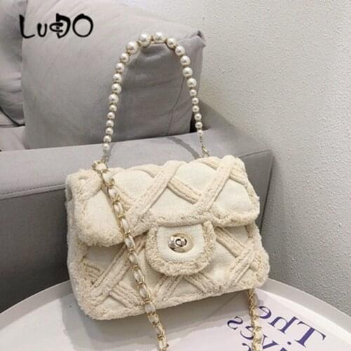 LUCDO Women Vintage Shoulder Messenger Crossbody Bag Ladies Canvas Handbag Totes Female Cotton Wool Cloth Phone Flap Bags Pearl