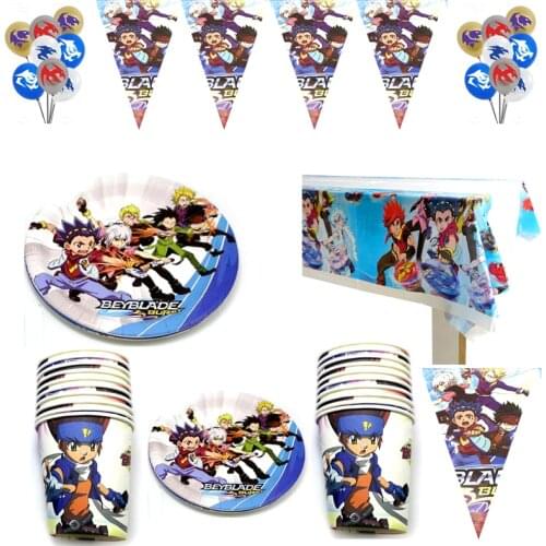 Happy Birthday Party Beyblade Burst Plates Cups Baby Shower Banner Latex Balloon Tablecloth Boys Favors Kids Tableware 47pcs/lot