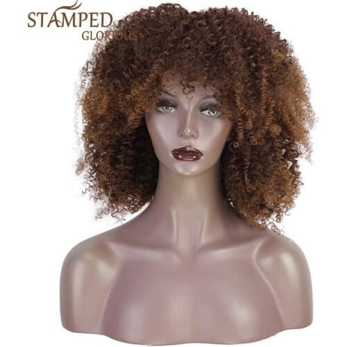Stamped Glorious Synthetic Wigs Short Afro Kinky Curly Wigs With Bangs For Black Women Blonde Mixed Brown Party Daily Wig