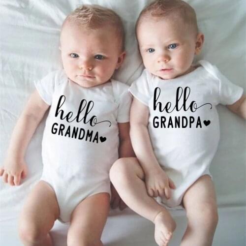 Hello Grandpa Grandma Baby Announcement Clothes Newborn Baby Short Sleeve Black Cotton Bodysuits Casual Baby Playsuit Gift