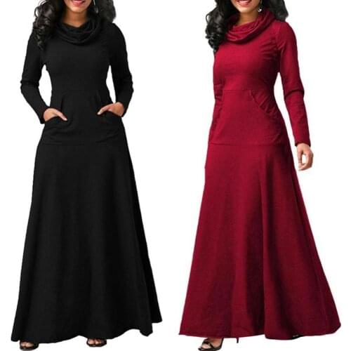 Plus Size Autumn Women Solid Color Cowl Neck Long Sleeve Maxi Dress with Pockets Cowl Neck Long Sleeve Maxi Dress with Pockets