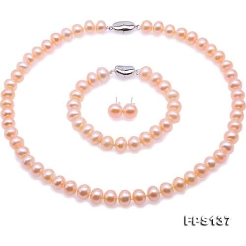 Unique Pearls jewellery Stone Natural Pearl Jewellery Set For Women Gift 9mm Pink Freshwater Pearl Necklace Bracelet Earring