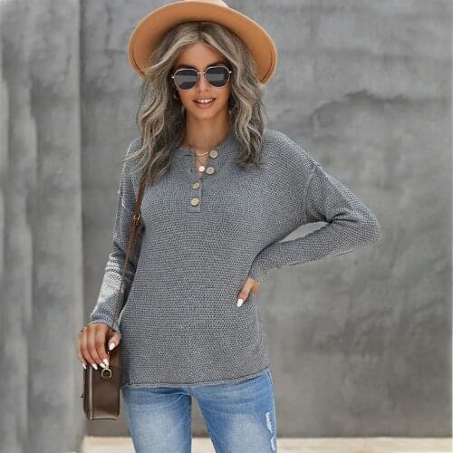 Autumn Women Sweater Full Sleeve Solid Color Knitted Winter Outwear Pullovers Buttons Patchwork Knitwear Fashion Oversized C2999