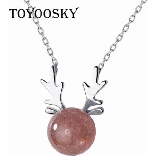 TOYOOSKY 925 Sterling Silver Antler Pendant Necklace Female Girl Strawberry Crystal Cute Animal Chain Necklace Jewelry