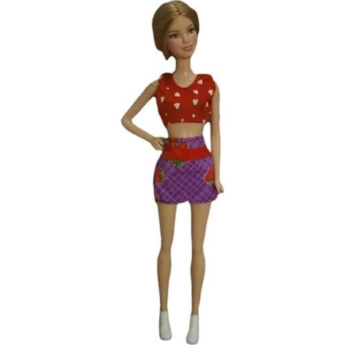 1/6 BJD Doll Clothes Red Love Heart Print Tank Crop Top Purple Strawberry Plaid Skirt Outfit Set For Barbie Accessories Kids Toy