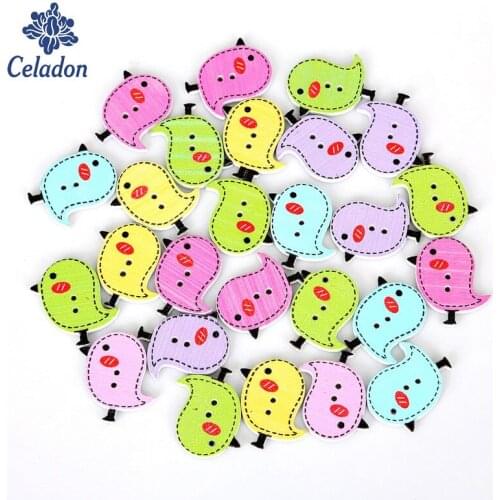 50Pcs Random Mixed Birds Animals 24x26mm 2 Holes Pattern Cartoons Wood Sewing Buttons Scrapbooking