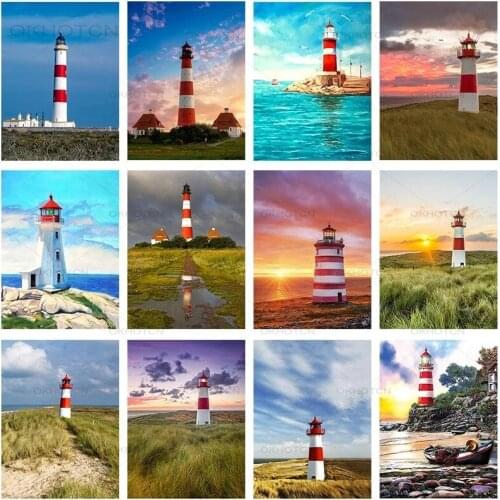 5D Diy Lighthouse Diamond Embroidery Cross Stitch Full Square Round Drill Seaside Landscape Picture of Rhinestone Wall Decor