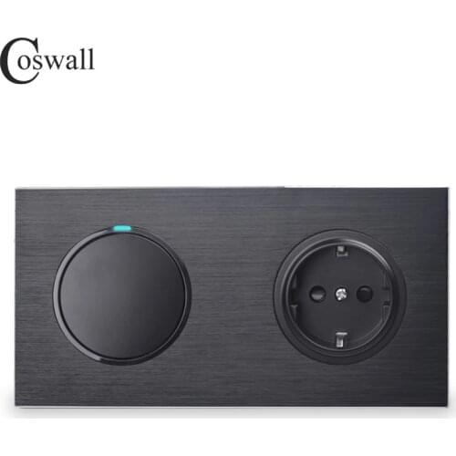Coswall Black Aluminum Drawing Metal Panel EU Wall Socket Grounded + 1 Gang 1 Way On / Off Light Switch LED Indicator R12 Series