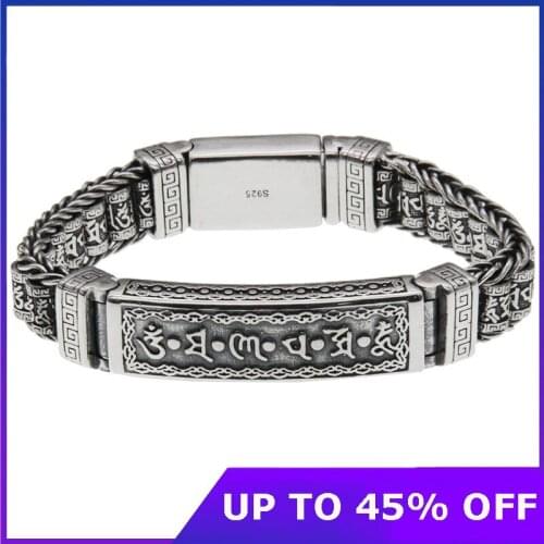 Pure 100% 925 Sterling Silver Bracelet Mens Six Character Truth Handmade Woven Thai Silver Hand Chain Pure Argentum Jewelry