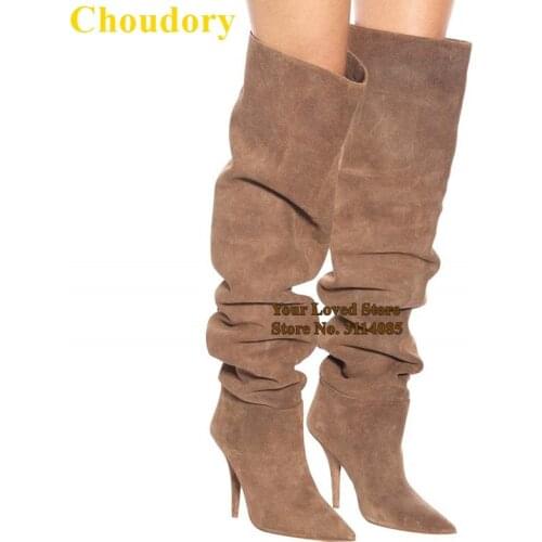 Choudory Factory Real Photo Coffee Suede Long Boots Stiletto Heels Pleated Pointed Toe Thigh Boots Over The Knee Dress Shoes