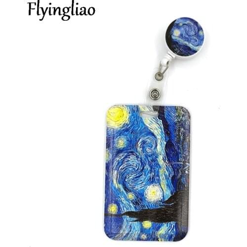 Van gogh Oil Painting Starry Sky Fashion Women Card Holder Lanyard Colorful Doctor Student Exhibition ID Card Clips Badge Holder