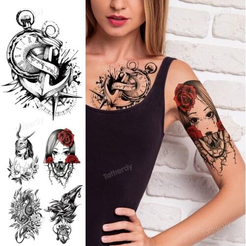 Compass Anime Temporary Tattoo Black Indian Warrior Waterproof Flash Tattoo Sticker Tribal Cool Fake Tatoo Men Women Body Art