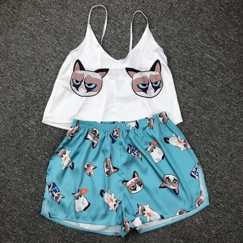 Cartoon Print Summer Sleepwear Satin Sexy Pyjamas Women Spaghetti Strap Femme V Neck Silk Pajama Loose Home Wear Suit 2020