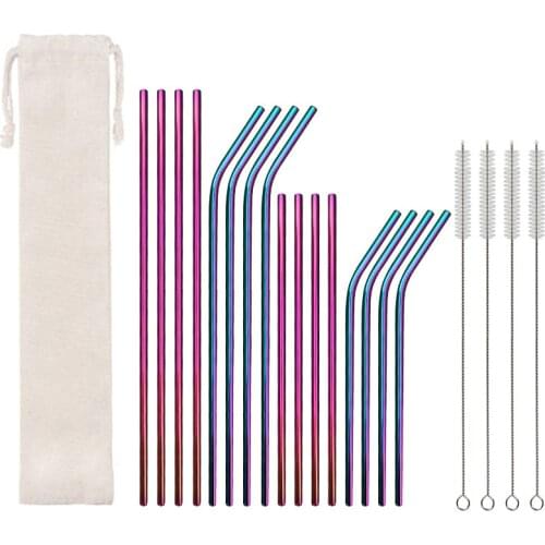 21pcs/set Reusable Stainless Steel Straws Titanium-plated Multi-color Beverage Straw Straight Bent Drinking Straw With Brush