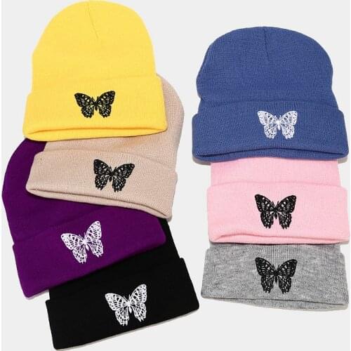 Fashion Knitted Beanies Hat Butterfly Embroidery Winter Warm Ski Hats Skullies Caps Soft Elastic Cap Sport Bonnet Men Women