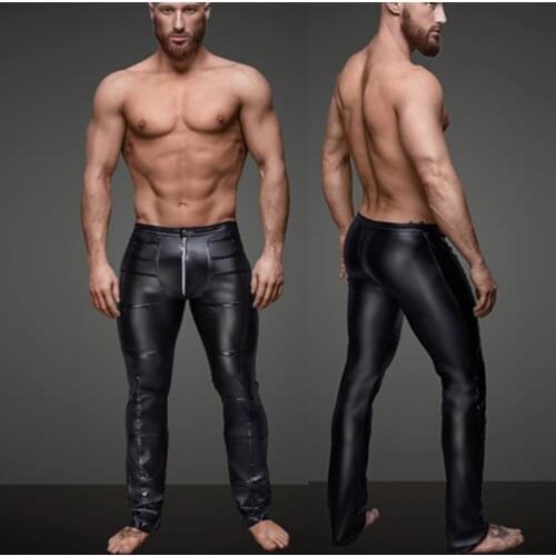Sexy Men Faux Leather Open Crotch Erotic Latex Pants PVC Nightclub Men zipper Pole Dance Trousers Gothic Punk Fetish Club Wear