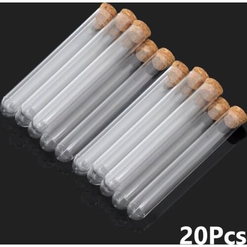 20Pcs Plastic Transparent Test Tube Sample Container With Cork Stopper For Lab Experiment Or Growing Plant Party Decor