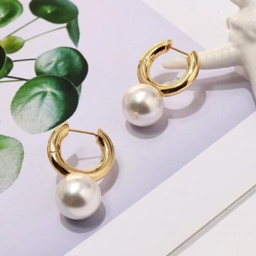 SRCOI Gold Color Big Imitation Pearls Circle Hoop Earrings Minimalist Round Huggie Earrings Bijoux For Women Wedding Brides New