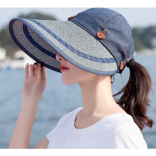 Outdoor Women Large Wide Brim Summer Beach Fold Sun Hat Cap Button Straw Hat Fashion Summer Anti-uv Visor Hats Travel Female New