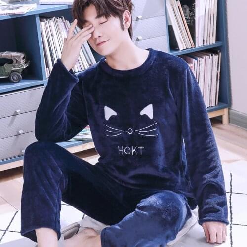 H5751 Fall Winter Thickened Men Pajamas Male Flannel Coral Velvet Warm Comfortable Home Clothes Suit Male Long Sleeve Nightwear