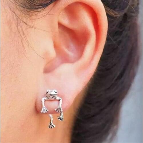 Vintage Interesting Silver Color Frog Earrings Gothic Stud Earrings for Women Cute Animal Ear Jewelry