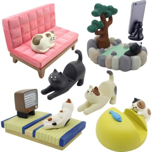 Japan cute kawaii cartoon Maneki Neko calico black cat stretch watching TV hot spring bath phone holder figures desktop
