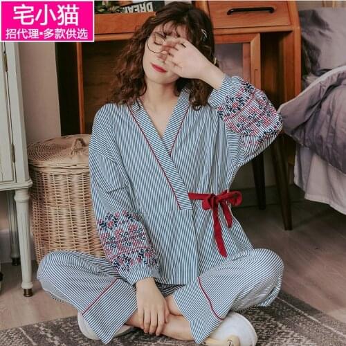 Japanese Kimono Princess Style Pajamas Women Spring and Autumn Long-sleeved Knitted Cotton Plus Size Home Service Two-piece Suit