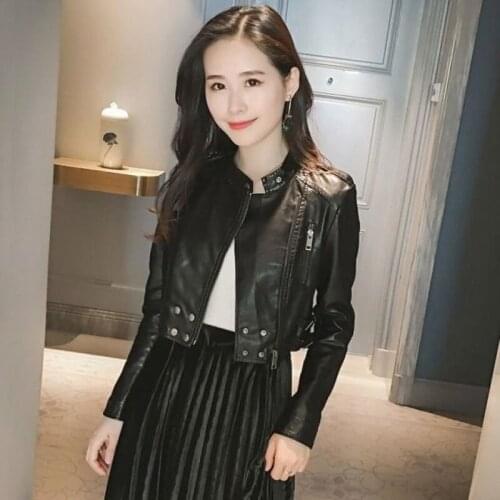 New 2021 Autumn Pu Faux Leather Jacket Women Zipper Slim Short Biker Jackets Coat Female Outwear Tops Casacos Feminino Y481