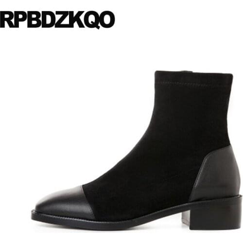 Women Ankle Big Size Black Chunky Genuine Leather Fashion Plus Side Zip Boots Square Toe Winter Thick Suede 10 High Heel Shoes
