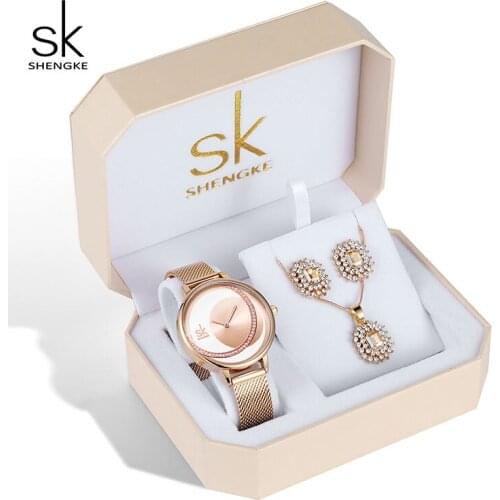 Shengke Creative Rose Gold Quartz Watch Women Earrings Necklace Set Fashion Ladies Watches Gift Jewelry Set Female Clock Montre