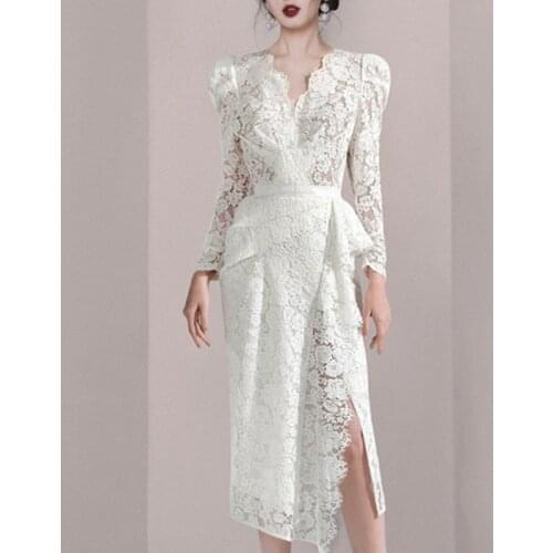 JSXDHK High Quality Fashion Autumn Women Lace Dress Runway Sexy V Neck Puff Sleeve Ruffles Bodycon Split White Party Midi Dress
