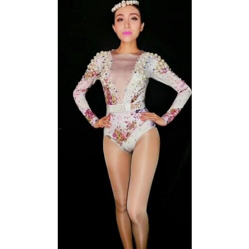 New Flowers Big Pearls Bodysuit Birthday Celebrate outfit Stretch Sexy Dance Leotard Stage Performance Costume