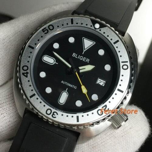 BLIGER 45mm Black Self Winding Men Watch Green Luminous 24 Jewels NH35A Screwdown Crown Rubber Band Unidirectional Bezel Date