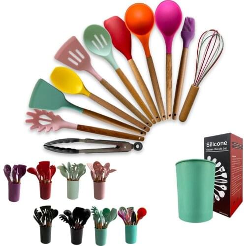 Wooden handle silicone kitchenware 12-piece storage barreled kitchen tool cooking shovel spoon set Whisk Kitchen clamp Spoon