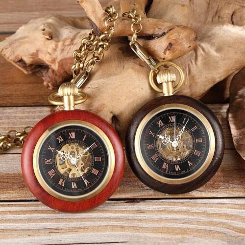 Wooden Gold Pocket Mechanical Watch Ladies Mens Hand Wind Chain Necklace Top Rose Black Wood Watches for Men and Women Unisex